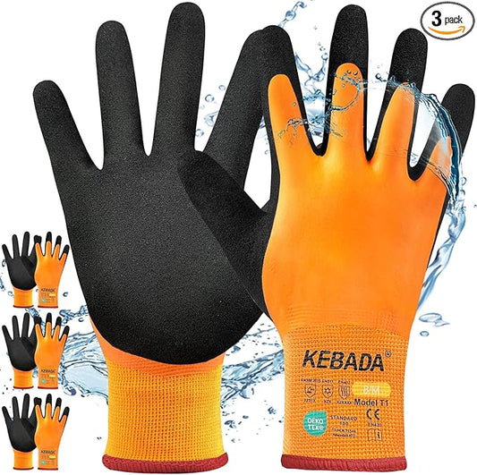 Kebada T1 3 Pairs Waterproof Winter Work Gloves for Men and Women, Warm Work Gloves for Cold Weather, Thermal Insulated Freezer Gloves, 100% Latex Coating & Super Grip, Unisex, Small