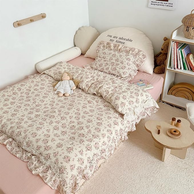 AOJIM Pink Floral Kids Toddler Pillowcase 1 Piece Super Soft Muslin Cotton Bedding Pillowcase with Ruffle Edges, Durable Nursery Pillowcase Aesthetic Print Kids Pillow Cover for Room Decor, 14x20 Inch