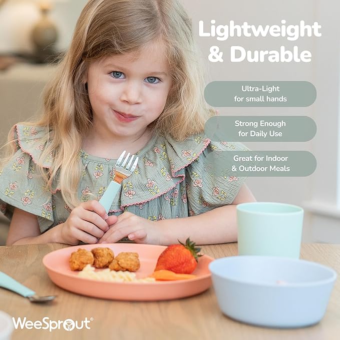 WeeSprout Bamboo Plates with Silicone Lids, Set of 4, Kid-Sized Dinnerware, Cereal, Leftovers & Snacks, Dishwasher Safe Melamine Dishware (Pink, Green, Gray, and Beige)