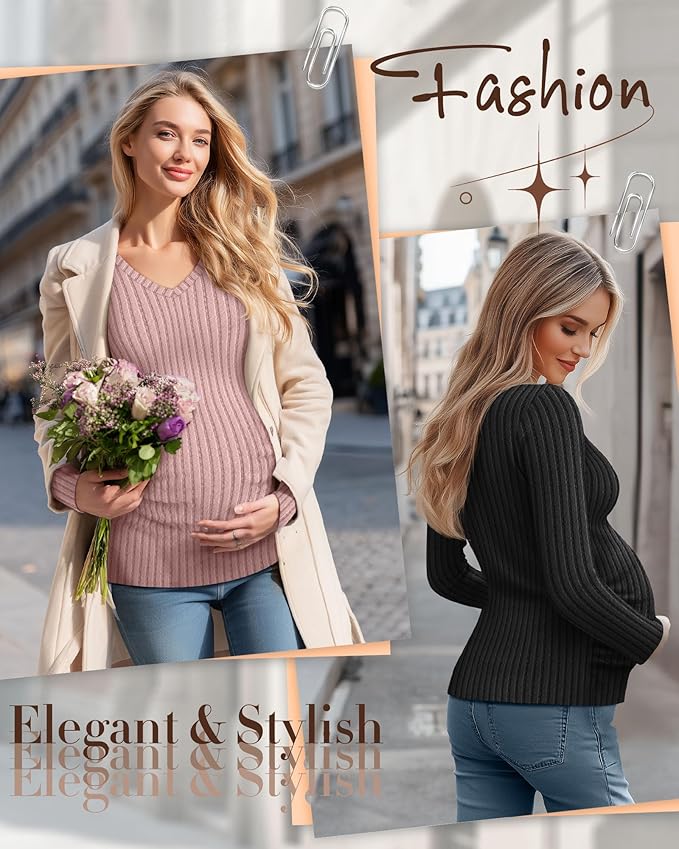 Ficerd 3 Pack Women's Maternity Shirts Ribbed Long Sleeve Pregnancy Tops V Neck Knit Side Ruched Pregnant Clothes Sweater