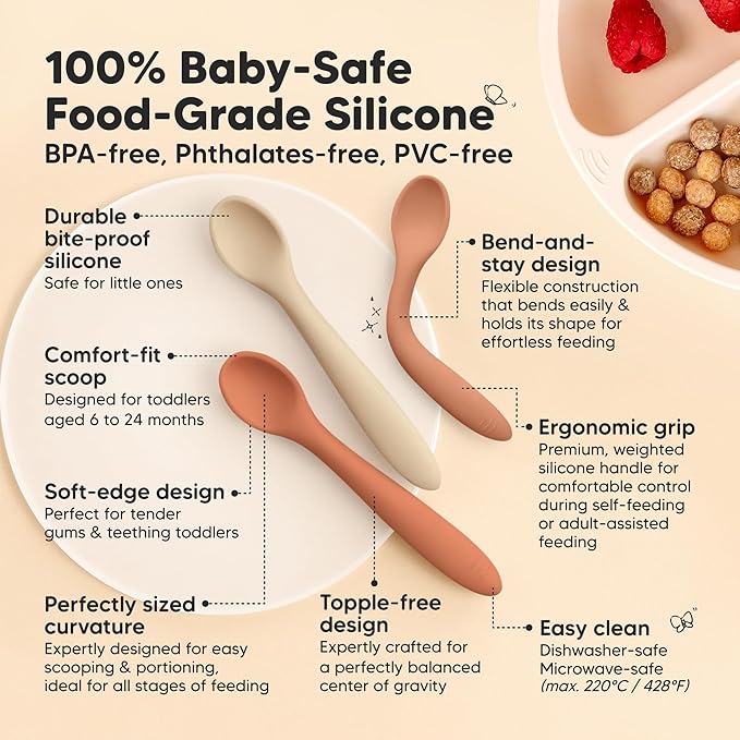 KeaBabies Silicone Baby Spoons, Self Feeding 6-12 months - 3-Pack Baby Weaning Eating Utensils,Toddler First Food Training Spoon,Infant,Kids Feeding Supplies Essential Set,Dishwasher-safe (Terracotta)