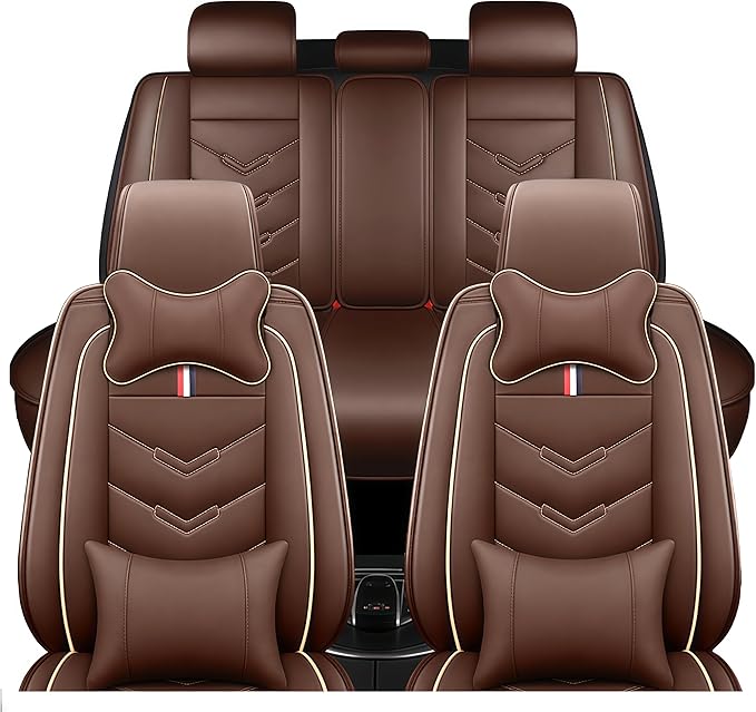 Leather Car Seat Covers Fit for LR Defender 2020-2025, 5 Seater Waterproof and Wear-Resistant Seat Cover Interior Accessories(Full Set with Pillow,Coffee)