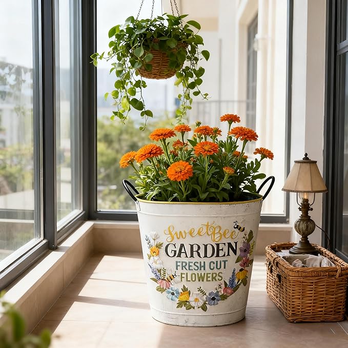 Set of 2 Sweet Bee Garden Metal Planter Buckets, Rustic Farmhouse Flower Pots with Handles, Decorative Indoor Outdoor Gardening Containers for Succulents, Herbs, Home & Porch Decor