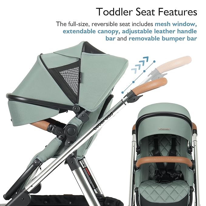 Beberoad Love RX 3-in-1 Baby Stroller, Toddler Stroller, Foldable Infant Stroller, Reversible Toddler Seat with Organizer, Rain Cover, Sunshade & Mosquito 2 in 1 Cover and Large Storage Basket (Green)