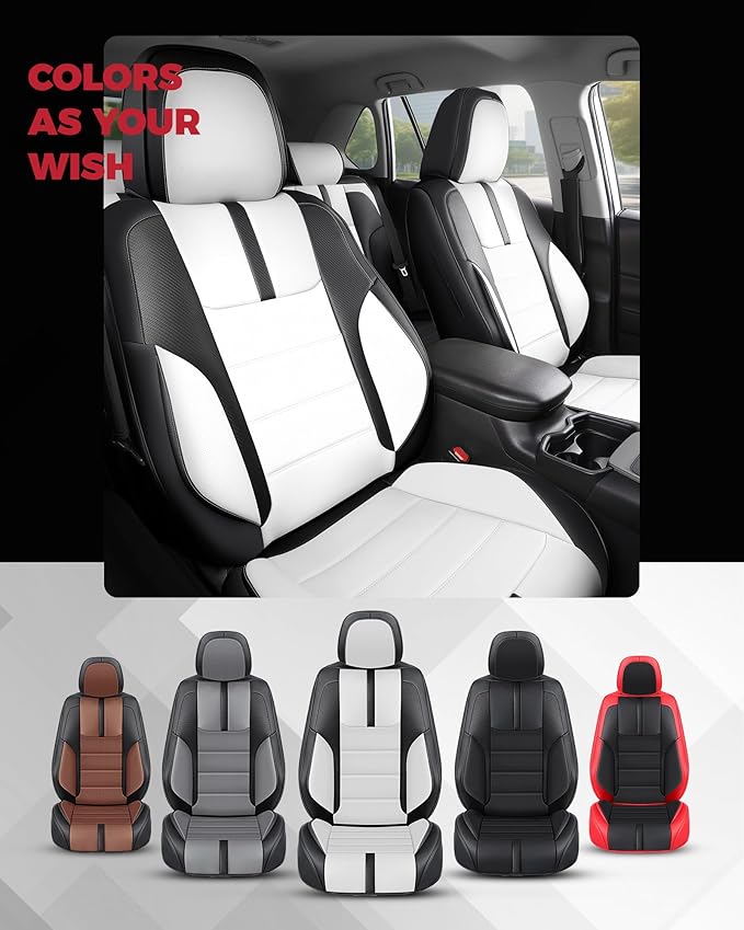 FREESOO Black White Car Seat Covers Full Set - Faux Nappa Leather Seat Covers for Cars, with Front Seatbelt Pads, Cute Breathable Cushion Protectors Fit for Most 5 Seats Sedans SUV Hatchbacks Trucks
