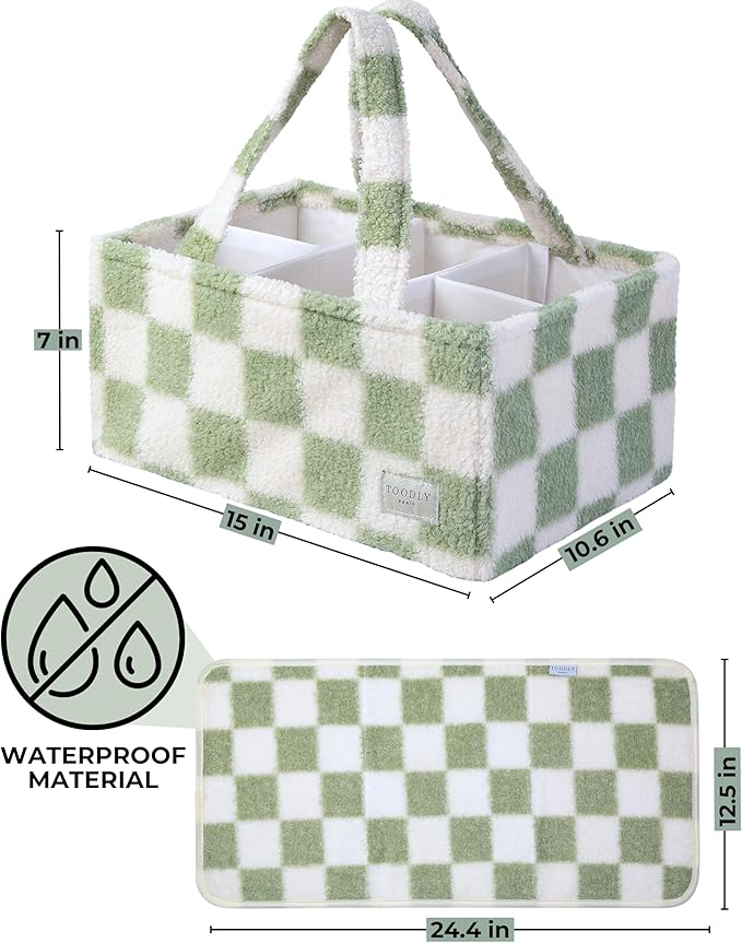 Checkered Diaper Caddy Organizer with Portable Changing Mat - Teddy Fleece Diaper Organizer for Changing Table - Caddy Organizer with Removable Dividers - Green and White