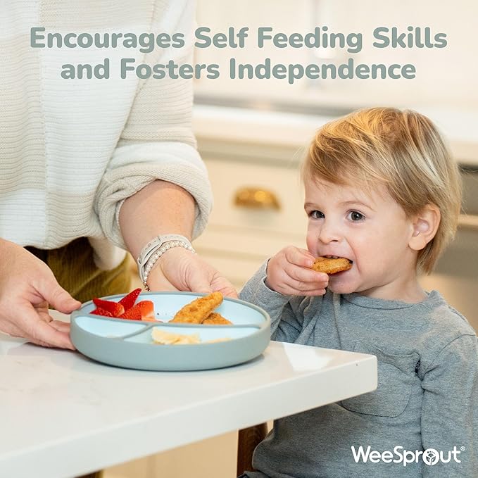 WeeSprout Silicone Suction Plate - Two-Tone Baby Plate with Suction Cup - Sectioned Divided Dish for Kids, Infants, Toddlers - Food-Grade Silicone Dinnerware (Pastel Blue/Matte Navy)