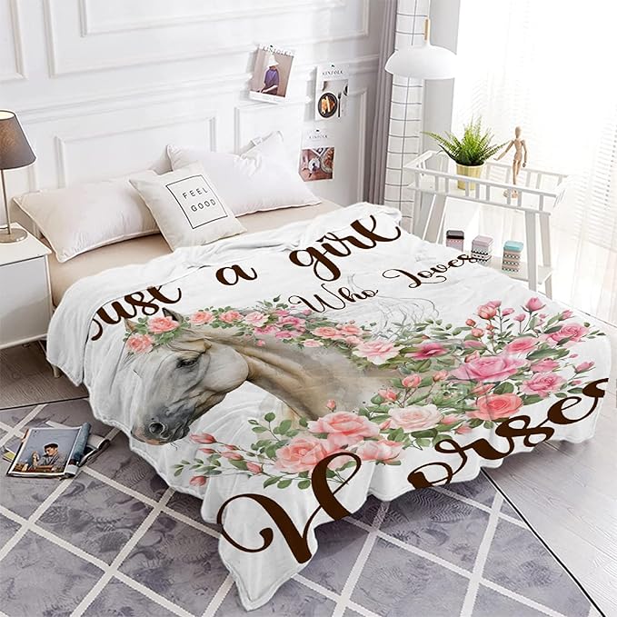 Just A Girl Who Loves Horses Blanket for Baby Girls Flowers Animals Throw Blanket for Boys, Lightweight Cute Horse Soft Flannel Blankets for Kids Gifts, 30x40 Inches