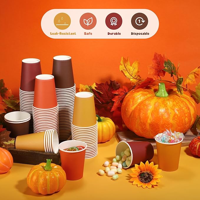 URATOT 120 Pieces 9 Ounce Disposable Paper Cups Autumn Color Party Cups Thanksgiving Fall Drinking Cups for Party, DIY, and Holiday, 4 Colors
