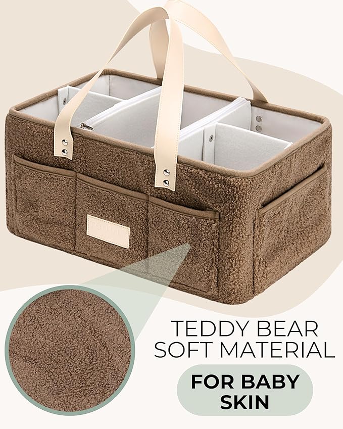 Baby Diaper Caddy Organizer with Portable Changing Mat - Teddy Fleece Diaper Organizer for Changing Table - Basket for Changing Essentials - Baby Essentials Organizer with Removable Dividers