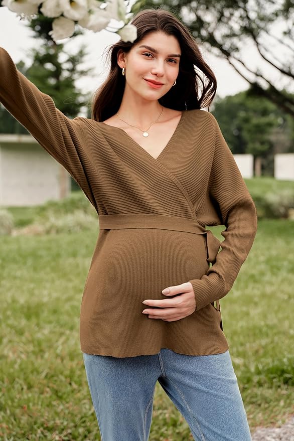 OUGES Womens Soft Cotton Blend Maternity Sweater Wrap V Neck Long Sleeve V Back Fall Shirts Pregnancy Outfits with Belt