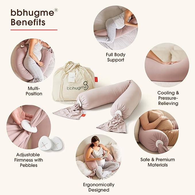 bbhugme Adjustable Pregnancy Pillow – Full Body Support for Side Sleeping - Adjustable Firmness and Shape - Supports Back, Legs, Belly, HIPS for Pregnant Women - Removable Cover - Dusty Pink
