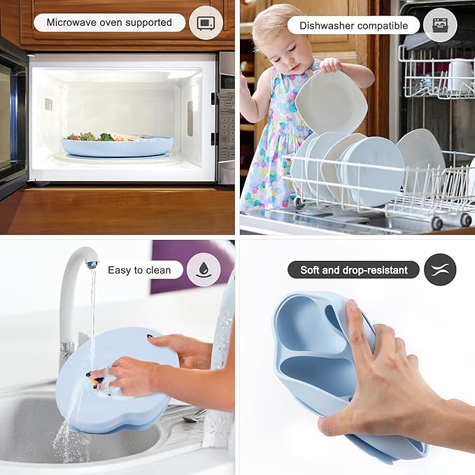 Li&Zhao Baby Bowls with Suction - Suction Plates for Toddlers Toddler Plate Baby Plate Divided Design Kids Plates Baby Suction Plate with Lids Microwave & Dishwasher