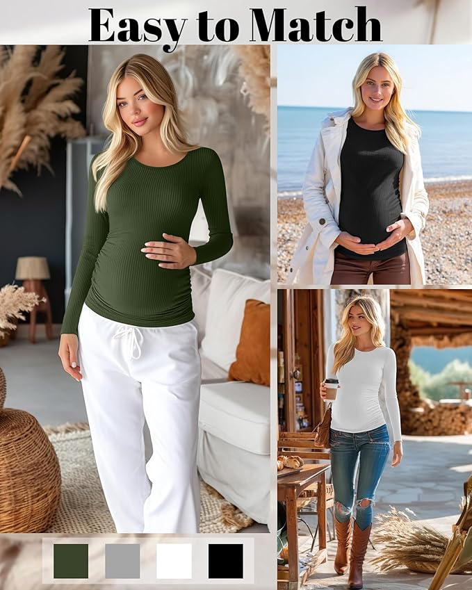 Huukeay 4 Pack Women's Maternity Shirts, Long Sleeve Cotton Ribbed Pregnancy Tops Side Ruched Crew Neck Casual Mama Clothes