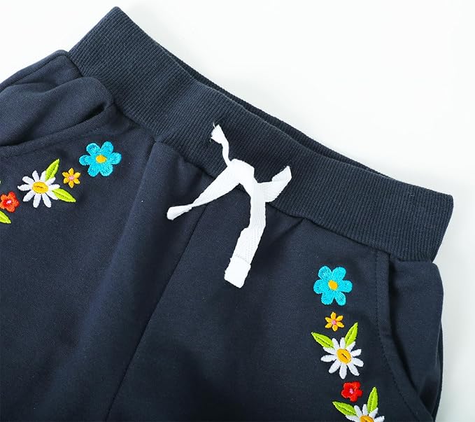HILEELANG Girls Cotton Joggers Sweatpants Embroidery Drawstring Waist Pockets Casual Pants for Kids 12M-7Y