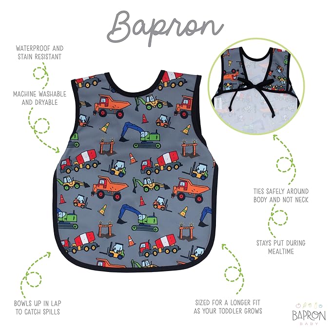 BapronBaby Construction Zone Bapron - No Neck Tie Safer Bib for Baby & Toddler - Soft Waterproof Stain Resistant - Machine Washable - Sz Preschool 3-5yrs