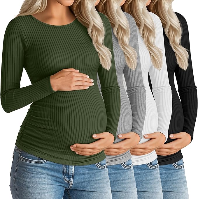 Huukeay 4 Pack Women's Maternity Shirts, Long Sleeve Cotton Ribbed Pregnancy Tops Side Ruched Crew Neck Casual Mama Clothes