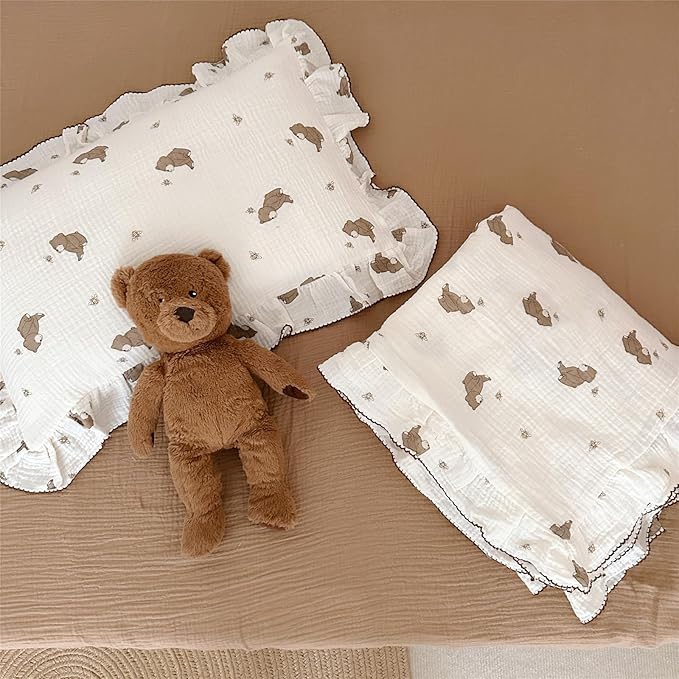 AOJIM Cute Cartoon Pattern Muslin Toddler Kids Pillow Case Super Soft Cotton Baby Crib Pillowcase 1pc with Ruffle Edge, Machine Washable Boys Girls Pillowcase with Bear and Bee Print, 26 * 20''