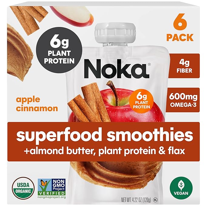 Noka Superfood Fruit Smoothie Pouches, Organic Applesauce Pouches with Apple, Cinnamon & Almond Butter, Healthy Snacks with Organic Fruits, Plant Protein, Fiber & Flax Seed, 4.22 oz (Pack of 6)
