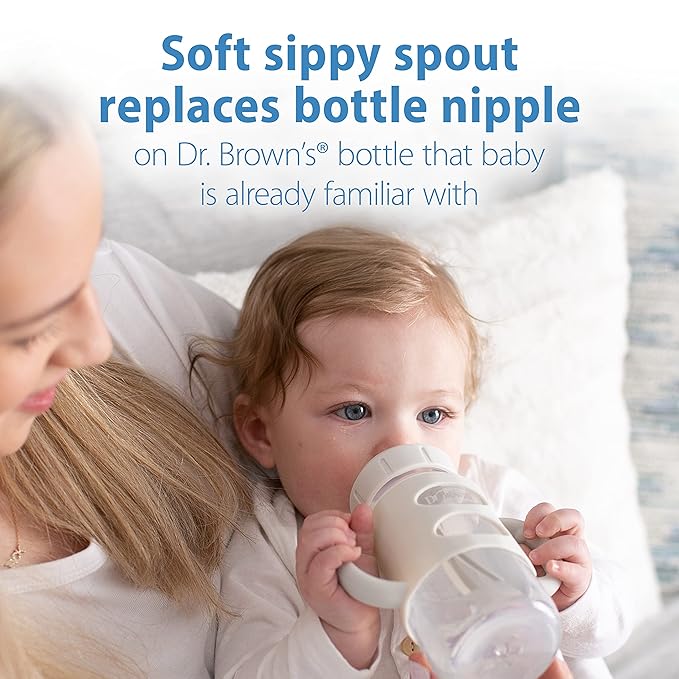 Dr. Brown's Milestones Wide-Neck Sippy Spout Bottle with 100% Silicone Handles, Easy-Grip Handles with Soft Sippy Spout, 9oz/270mL, Light-Blue & Gray, 2-Pack, 6m+