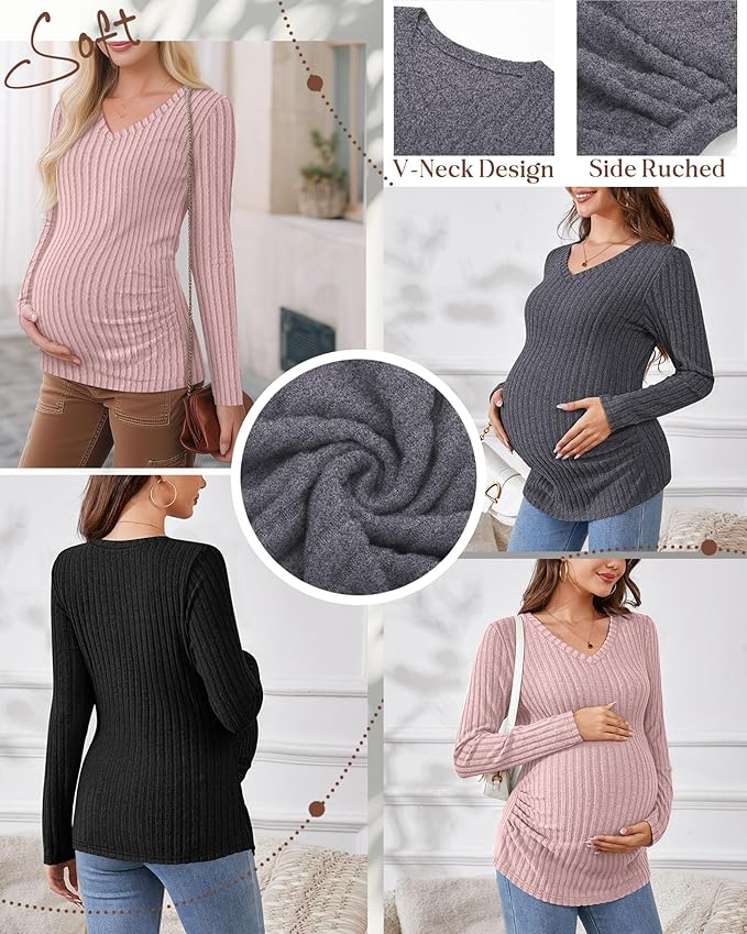 Ficerd 3 Pack Women's Maternity Shirts Ribbed Long Sleeve Pregnancy Tops V Neck Knit Side Ruched Pregnant Clothes Sweater