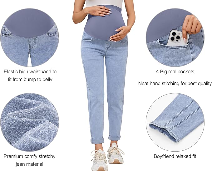 POSHGLAM Women's Maternity Jeans Over Belly Comfy Stretch 28'' Boyfriend Jeans Loose Pregnancy Pants, S-XXL