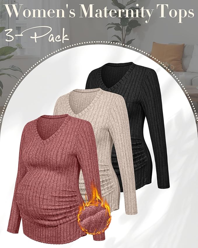 Ficerd 3 Pack Women's Maternity Shirts Ribbed Long Sleeve Pregnancy Tops V Neck Knit Side Ruched Pregnant Clothes Sweater