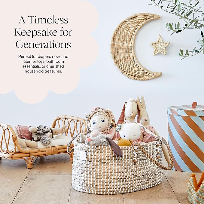 BEBE BASK Premium Baby Diaper Caddy Organizer - Handmade - Seagrass Basket With Cotton Divider - Award-Winning & Luxury Diaper Caddy Basket - White (NATURAL)