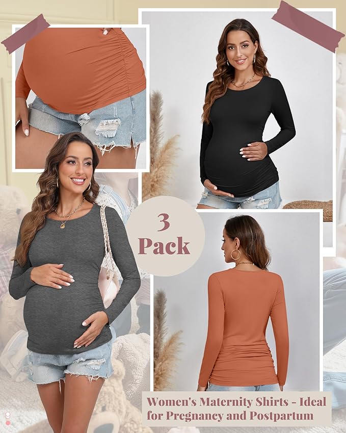 Ficerd 3 Pack Women's Maternity Shirts, Long Sleeve Side Ruched Pregnancy Tee Tops Crew Neck Casual Mama Clothes Basic Tunic