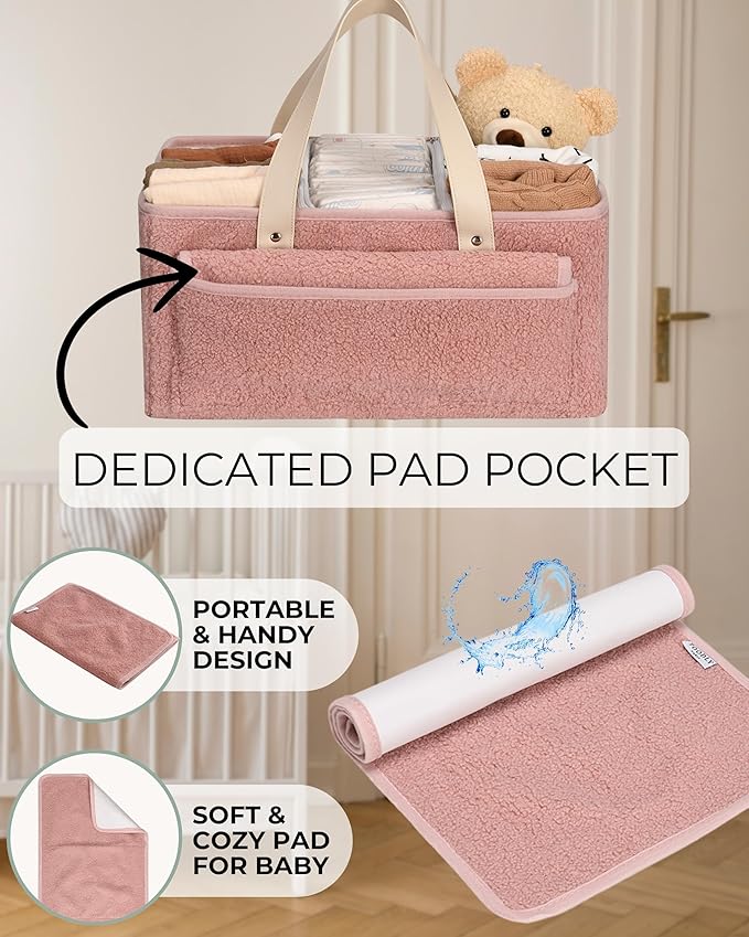 Baby Diaper Caddy Organizer with Portable Changing Mat - Teddy Fleece Diaper Organizer for Changing Table - Basket for Changing Essentials - Baby Essentials Organizer with Removable Dividers