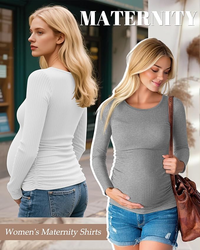 Huukeay 4 Pack Women's Maternity Shirts, Long Sleeve Cotton Ribbed Pregnancy Tops Side Ruched Crew Neck Casual Mama Clothes