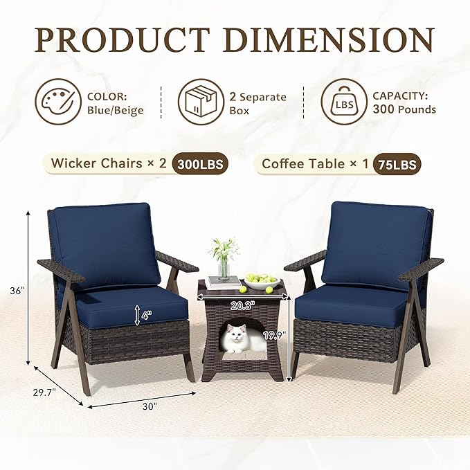 Patio Porch Furniture Chairs Set, 3 Pieces PE Rattan Wicker Chairs with Side Table, Outdoor Garden Furniture Sets for Garden Backyard Porch Poolside
