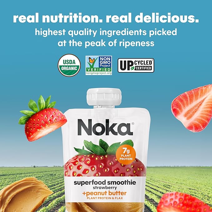 Noka Superfood Fruit & Nut Butter Smoothie Pouches, Healthy Snacks (Strawberry Peanut Butter) 12 Pack, Vegan, Plant Protein, Gluten-Free, Organic, Meal Replacement Squeeze Packs, 4.22oz Ea