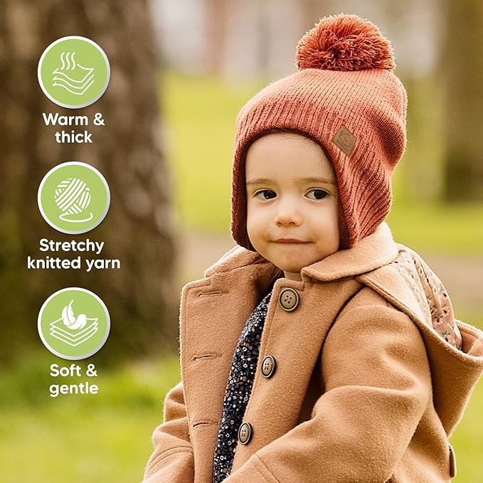 Baby Beanies, Baby Hats for Boys, Girls - Cute Toddler Winter Hat, Soft & Stretchy Beanies for Infant, Newborn 6-36 Months, Cozy & Warm with Earflap Muff & Pom (Clay)