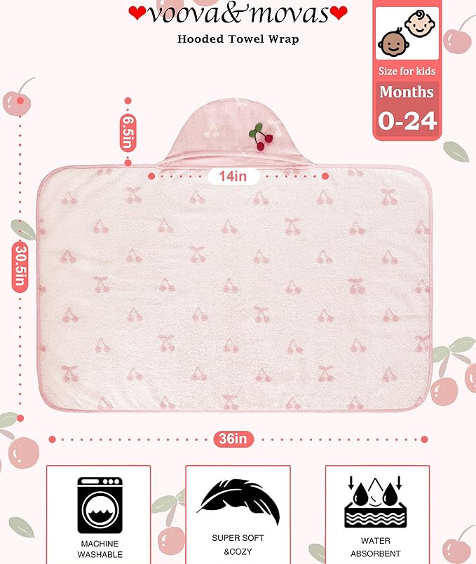 VOOVA & MOVAS Thick Baby Hooded Bath Towel - 100% Cotton,420GSM, 30.5x36 Inches,0-2Years, Super Absorbent Large Towel with Cherry Hood for Newborn,Toddler,Infant, Baby Essentials, Pink Cherry