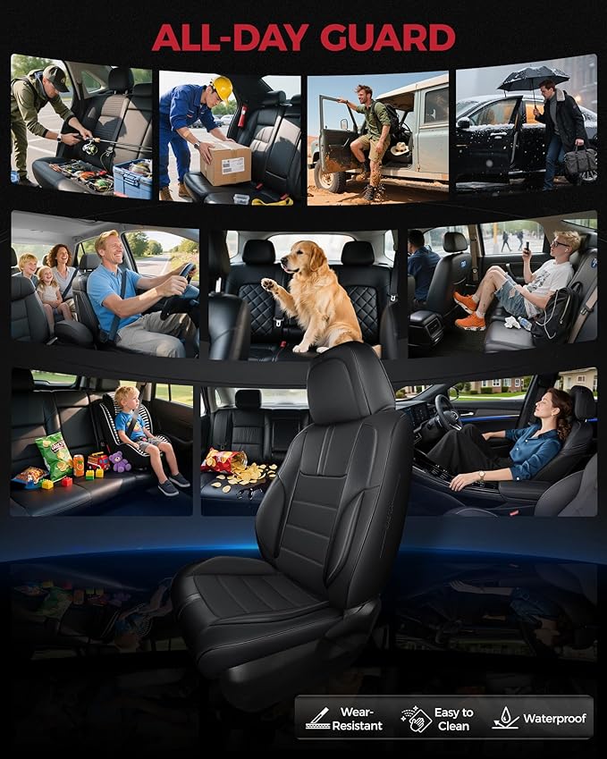 FREESOO Black Car Seat Covers Full Set - Faux Nappa Leather Seat Covers for Cars, with Front Seatbelt Pads, Waterproof Breathable Cushion Protectors Fit for Most 5 Seats Automative Sedans SUV Trucks