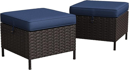Outdoor Patio Ottoman Set of 2, All Weather Rattan Wicker Ottoman Seat, Outdoor Footstool Footrest Seat for Patio, Backyard, Poolside, Garden