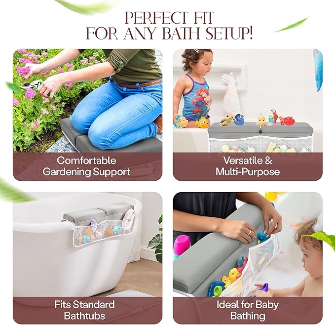 Baby Bath Kneeler & Elbow Rest Pad – Extra Thick Foam Pads for Comfort | Non-Slip, Machine Washable with Mesh Pockets & Suction Cups | Bonus Baby Brush & Washcloth – Thoughtful Gift for New Parents