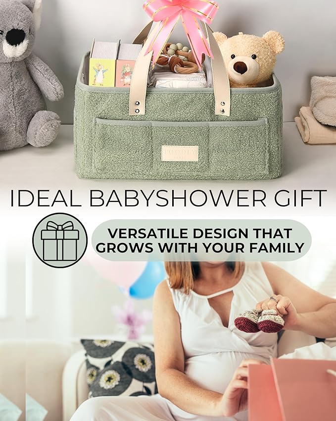 Baby Diaper Caddy Organizer with Portable Changing Mat - Teddy Fleece Diaper Organizer for Changing Table - Basket for Changing Essentials - Baby Essentials Organizer with Removable Dividers