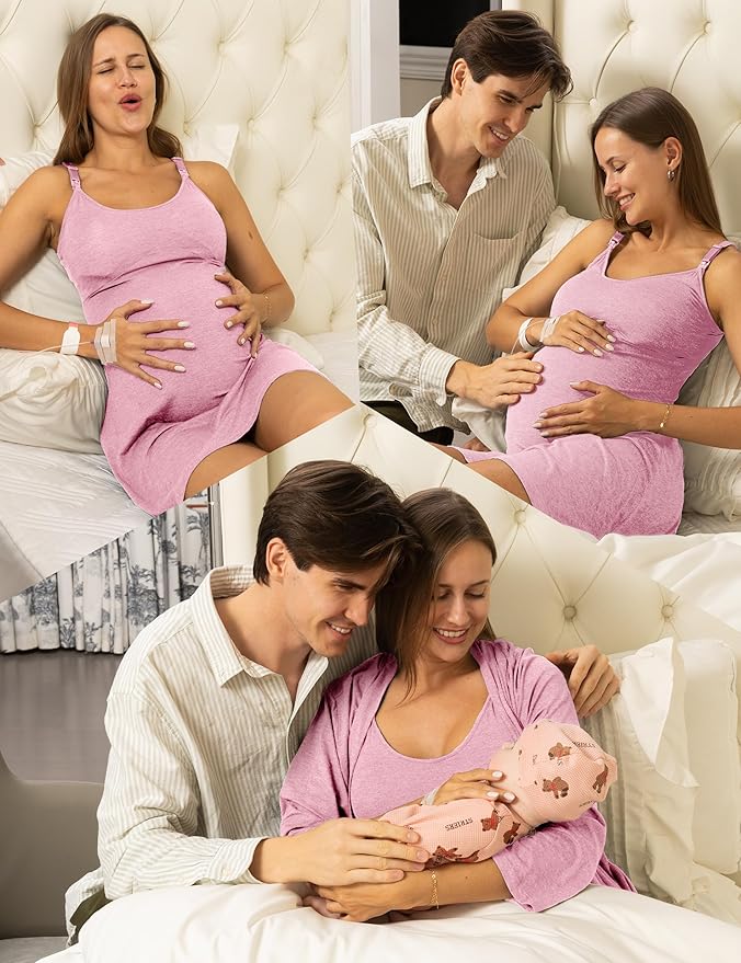 SUNNYBUY Women's Nursing Nightgown Maternity Robe Set, 3 in 1 Labor Delivery Breastfeeding Dress Postpartum Sleepwear