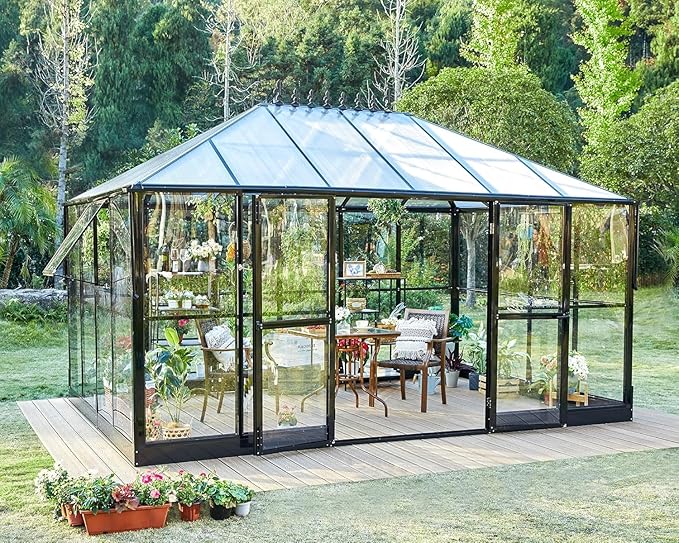 Jocisland 14x9.5x9 FT Outdoor Aluminum Greenhouse with Quick Connect Fittings, 6 FT Height Double Doors with Hook, Hybrid Polycarbonate Walk-in Greenhouse for Backyard, Black
