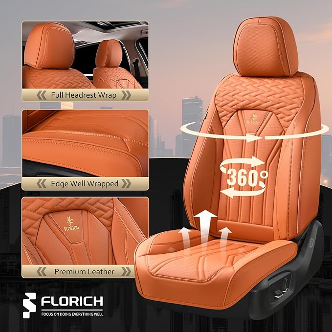 FLORICH Car Seat Covers Full Set, Leather Seat Covers for Cars, Orange Seat Cover, Waterproof Car Seat Cushion Universal Car Seat Protector Front Seats and Back Fit for Most Cars Trucks SUVs