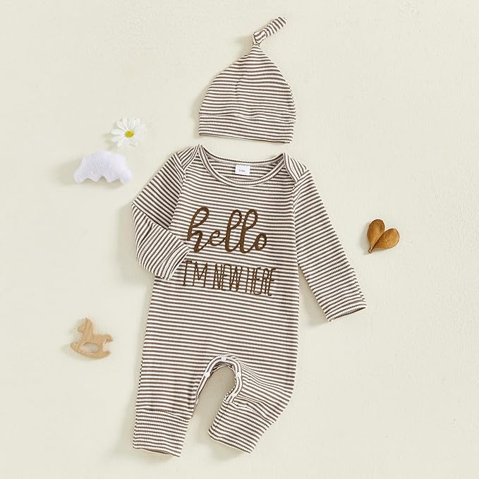 Fernvia Newborn Baby Boy Clothes Letters Print Bodysuit 3 6 9 12 18 Months Long Sleeve Jumpsuit with Hat 2PCS Outfits Set