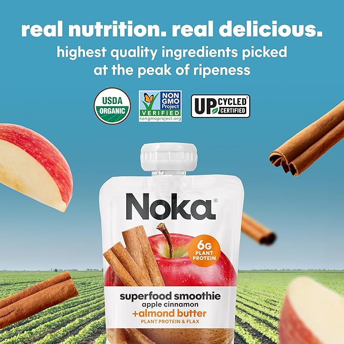 Noka Superfood Fruit Smoothie Pouches, Organic Applesauce Pouches with Apple, Cinnamon & Almond Butter, Healthy Snacks with Organic Fruits, Plant Protein, Fiber & Flax Seed, 4.22 oz (Pack of 6)