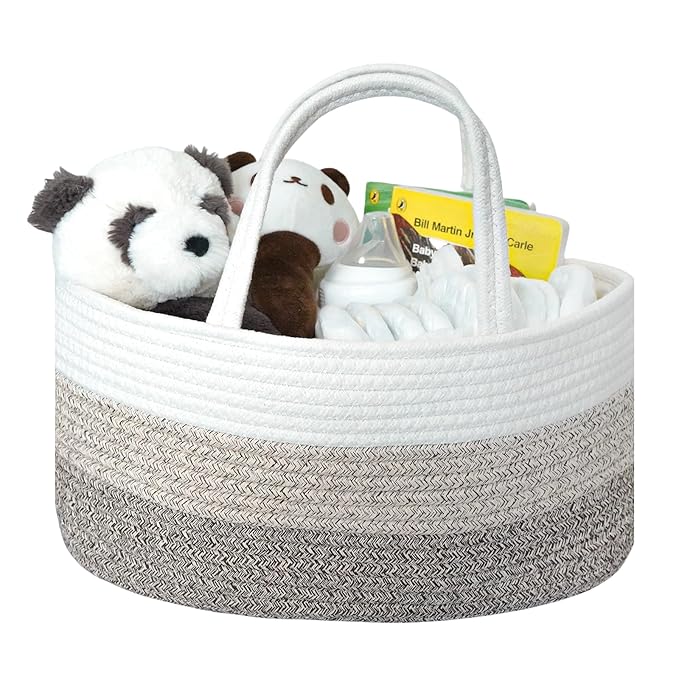 Baby Diaper Caddy Organizer, Extra Large Cotton Rope Nursery Diaper Basket, Changing Table Organizer, Portable Tote Bag with Divider, Car Storage, Baby Shower Gifts for Newborn Girls - Gradient Brown