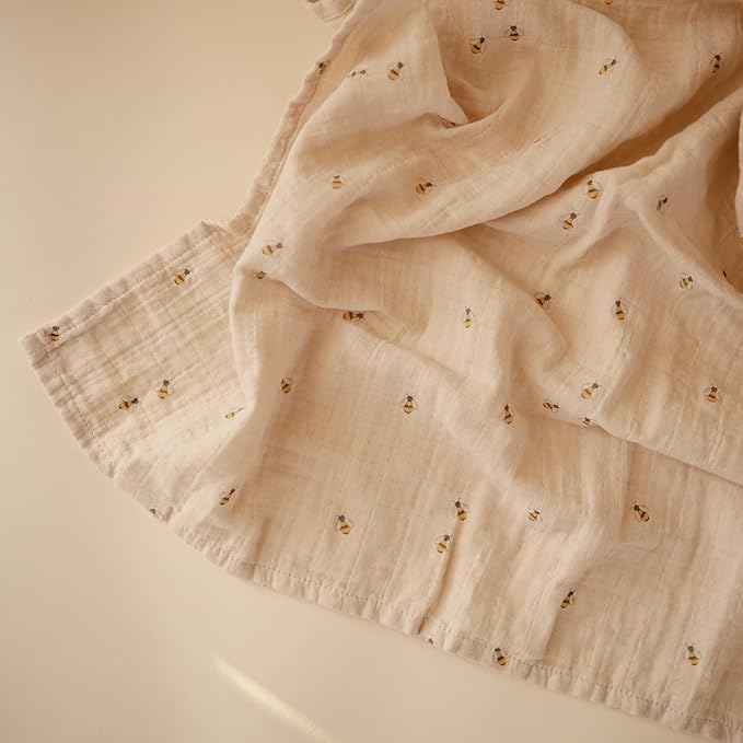 mushie Muslin Baby Swaddle Blanket | 100% Organic Cotton (Bees)
