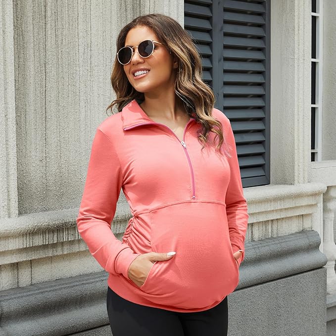 GINKANA Maternity Women's Long Sleeve Shirt Half Zipper Lapel Lightweight Casual Maternity Pullover with Pockets