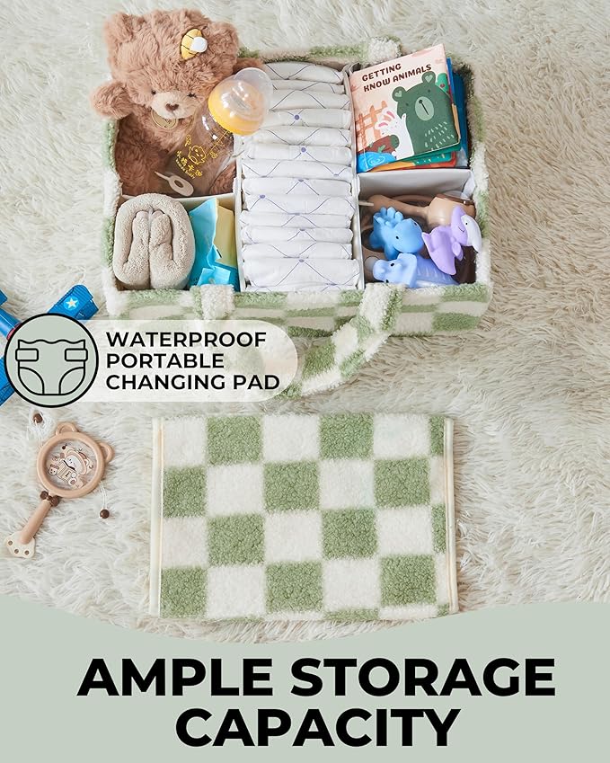 Checkered Diaper Caddy Organizer with Portable Changing Mat - Teddy Fleece Diaper Organizer for Changing Table - Caddy Organizer with Removable Dividers - Green and White