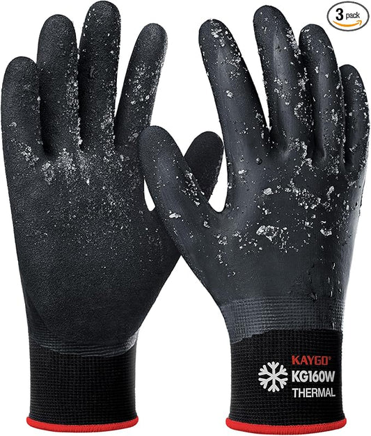 KAYGO Winter Waterproof Work Gloves for Men and Women, 3 Pairs Thermal Insulated Freezer Rubber Coated Gloves,Super Grip,KG160, M, Black