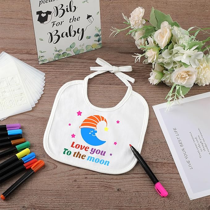 Newwiee 55 Pcs White Bibs for Baby Decorating Design a Bib Decorate Plain newborns Bibs Wooden Sign for Baby Shower Games Kit
